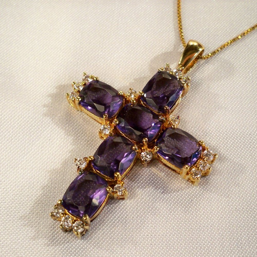 NEW Vintage Cross Purple *Cubic Zirconias Gold Vintage DESIGNER Necklace